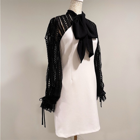 SELF-PORTRAIT Black & White Monochrome Crepe Bow Longsleeve Mini Dress Size 4 - Picture 5 of 16